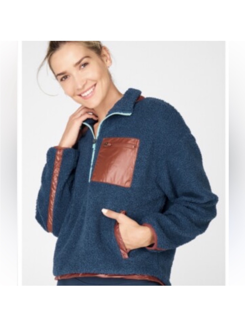Fabletics Larisa Fleece Pullover 1/2 Zip Logo Patch Blue Brown Med Cozy Sherpa